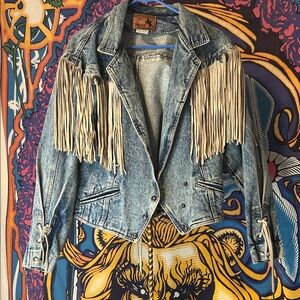 Vintage Blue Denim Jacket with Fringe